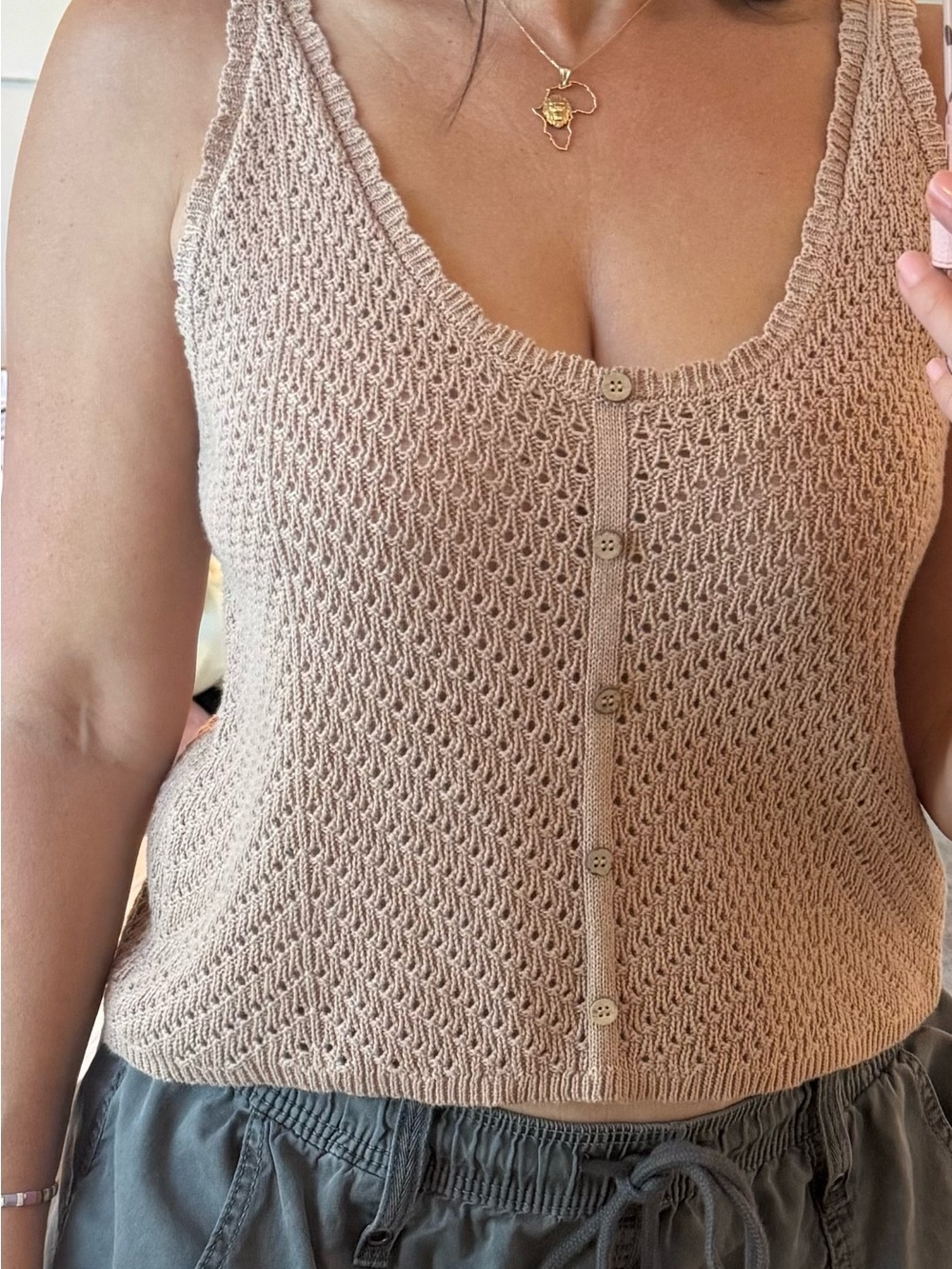 Double Zero Beige Knit Button-Front Tank